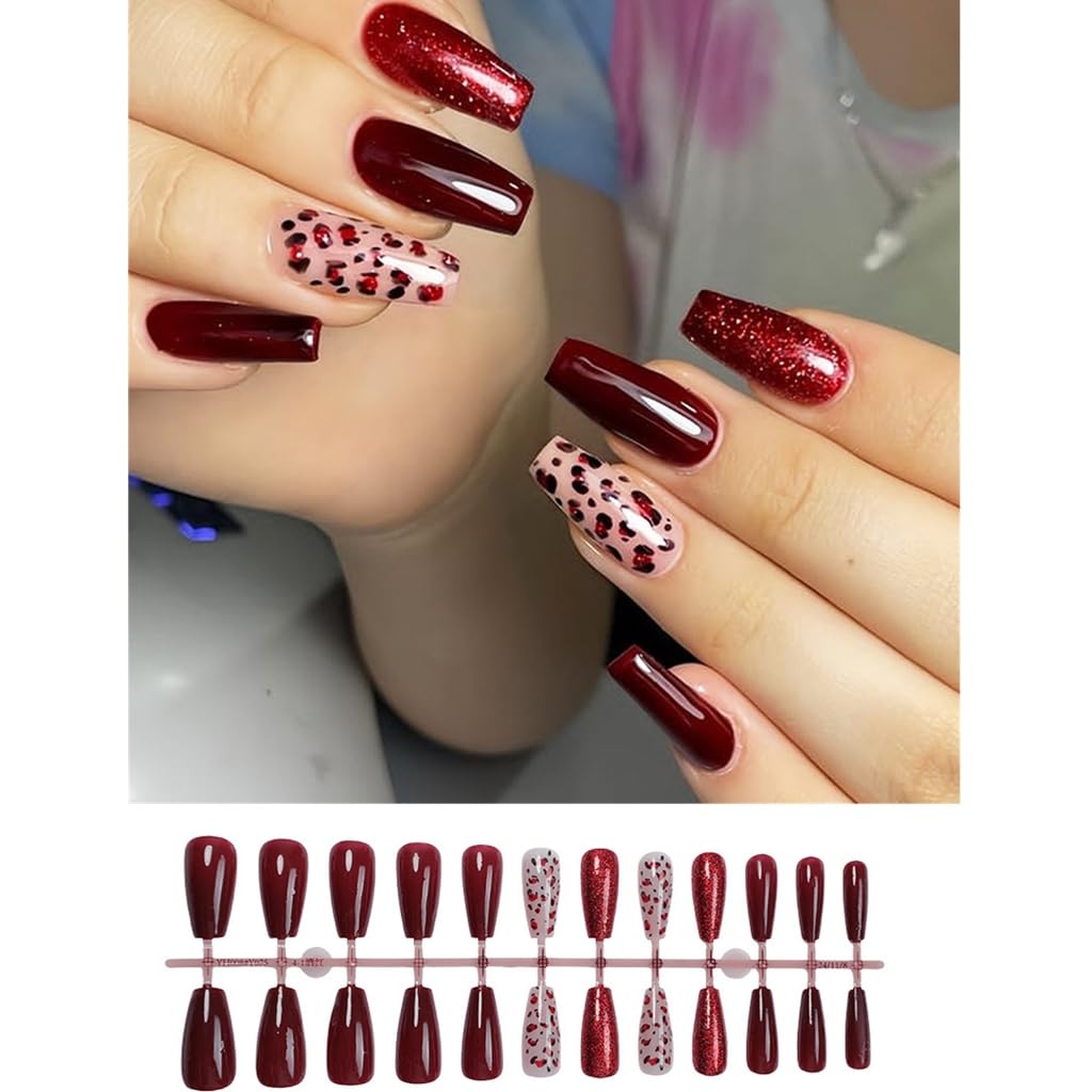 24 Pcs Glittering Acrylic Nails French Cats Eye Full Covers Stick on Nails Valentines Day False Nails