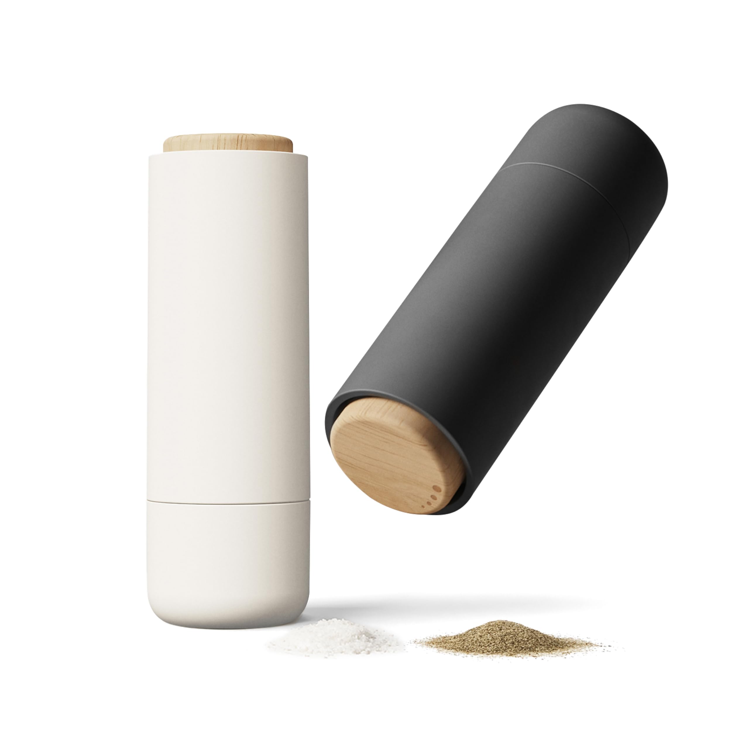 Non-Spill Salt and Pepper Grinder Set - Adjustable Ceramic Grinder - Minimalistic Spice Mill - Easy to Refill Condiments Dispenser - Wood & Soft-Coated Plastic - 6.2 x 2.2 inch (White & Grey)