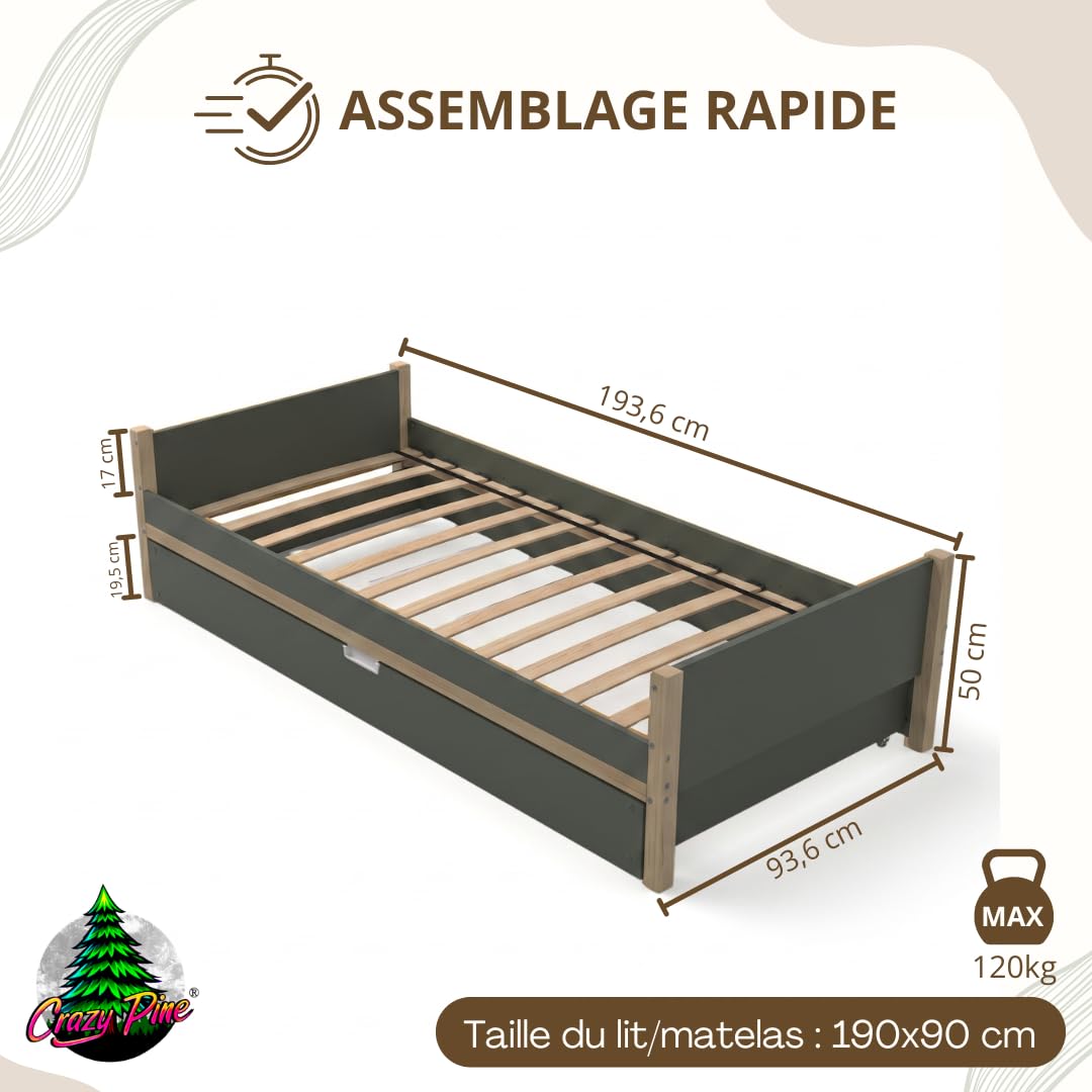 Lit Enfant 90x190 cm – Lit Classique en Bois Composite (LHDF), Vert Forêt, Pieds en Pin Massif, Tête/Pied de Lit, avec Tiroir de Rangement– Montage Facile – Crazy Axel
