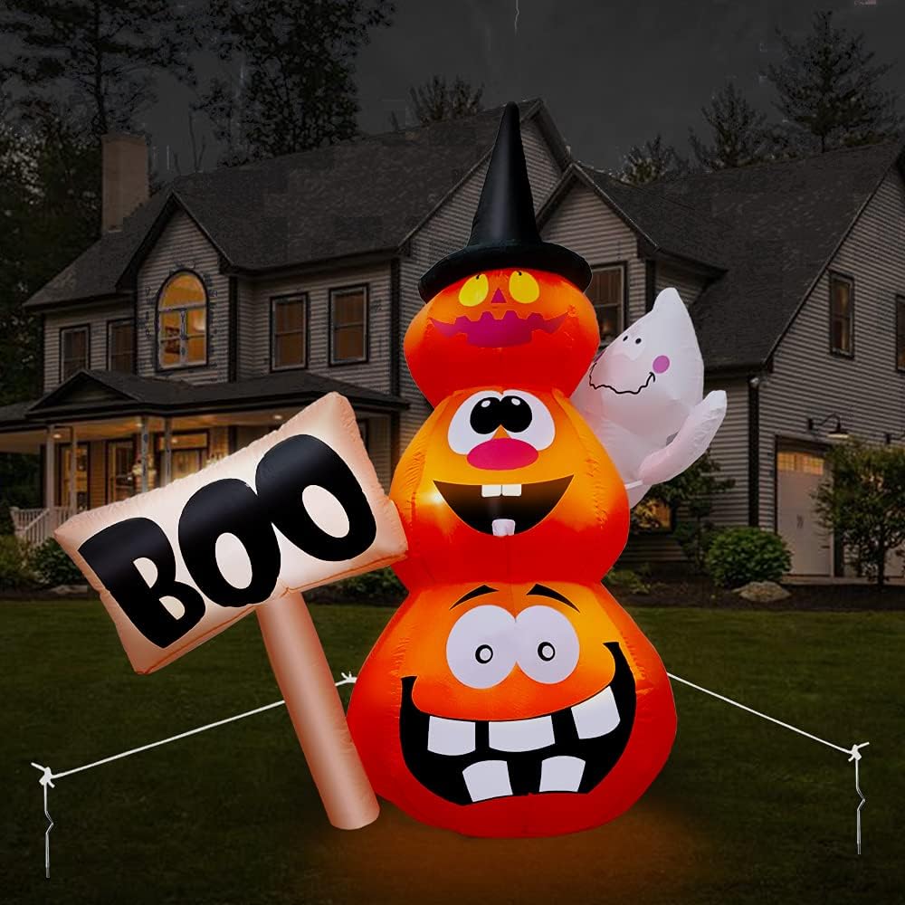 Yostyle 6FT Halloween Inflatables Stacked Pumpkins with Witches Hat Inflatable Hammer Outdoor Halloween Decorations with Build-in LED, Blow up Halloween Decorations for Yard, Garden, and Lawn