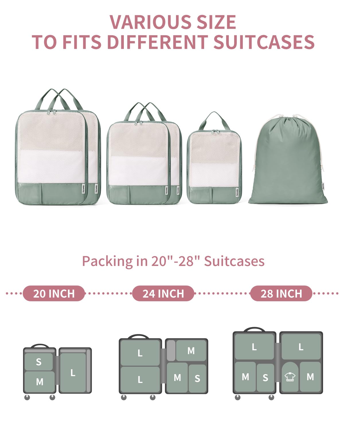 Narwey Set di 6 cubi a compressione per valigie, organizer per valigie, borse organizer per zaini, borse da viaggio, cubi per bagaglio a mano, casa, scarpe, borse essenziali da viaggio (verde)