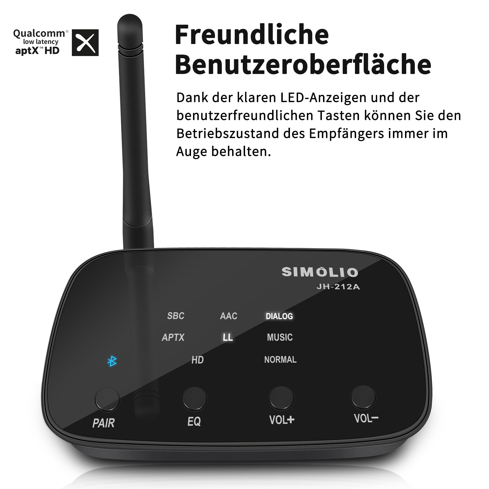 SIMOLIO JH-212A Bluetooth Empfänger für Stereoanlage, Bluetooth Audio Adapter Receiver mit Cinch & 3.5mm AUX, aptX Low Latency und aptX HD, Bis zu 197 Fuß Lange Reichweite