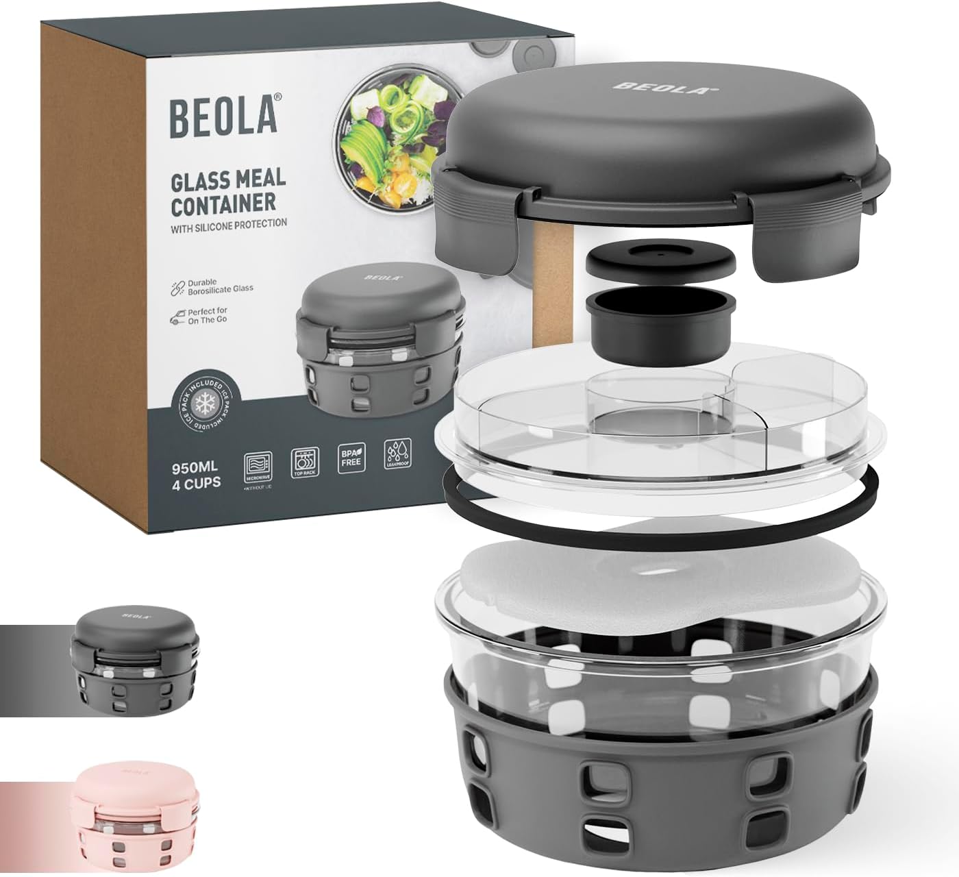 Lunch Box, Food Container with Ice Pack, Sauce Cup, Borosilicate BPA Free Glass Salad Bowl with Silicone Protection, Freezer, Dishwasher, Microwave Safe, Glass, 950ml (Lava Gray)