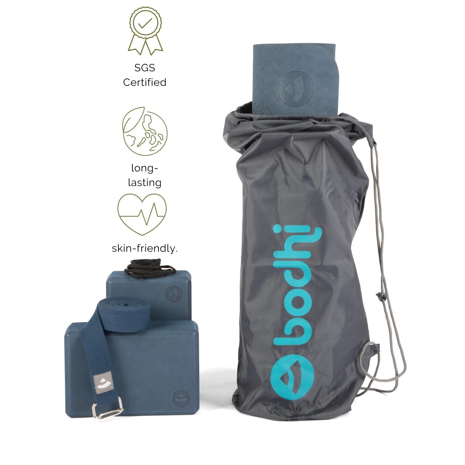 Bodhi Juego completo de iniciación de yoga | Set compuesto de: 1 esterilla de yoga de TPE, 2 ladrillos de yoga de EVA (goma) y 1 correa de yoga de algodón | Kit de principiantes para principiantes
