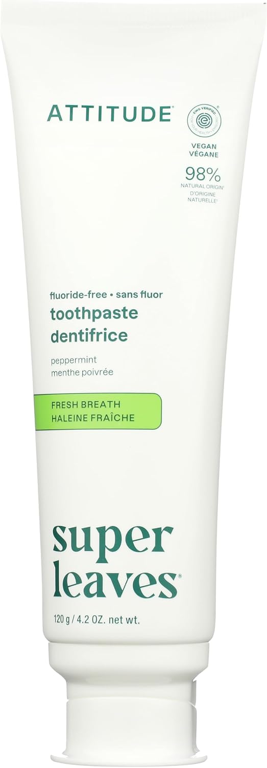 Attitude Fluoride-Free Fresh Breath Toothpaste, Peppermint Flavor, EWG Verified, Vegan & Cruelty-Free, Sugar-Free, Plant & Mineral-Based Ingredients, Clean Oral Care, 4.2 Oz