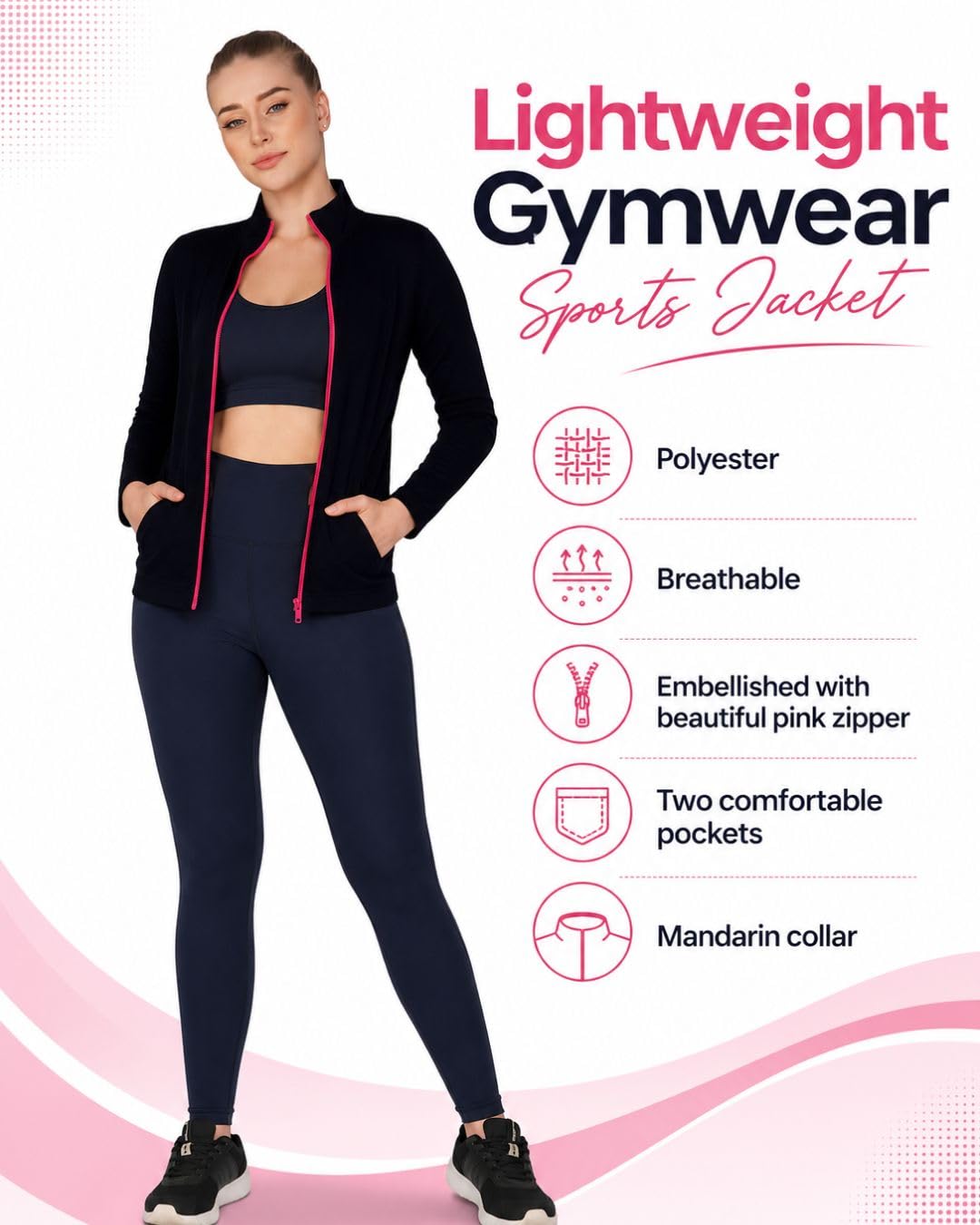 PALOMI Women Full Sleeves Gymwear Sports Polyester Jacket with Pink Zipper and Pockets (X-Large, Black) 2
