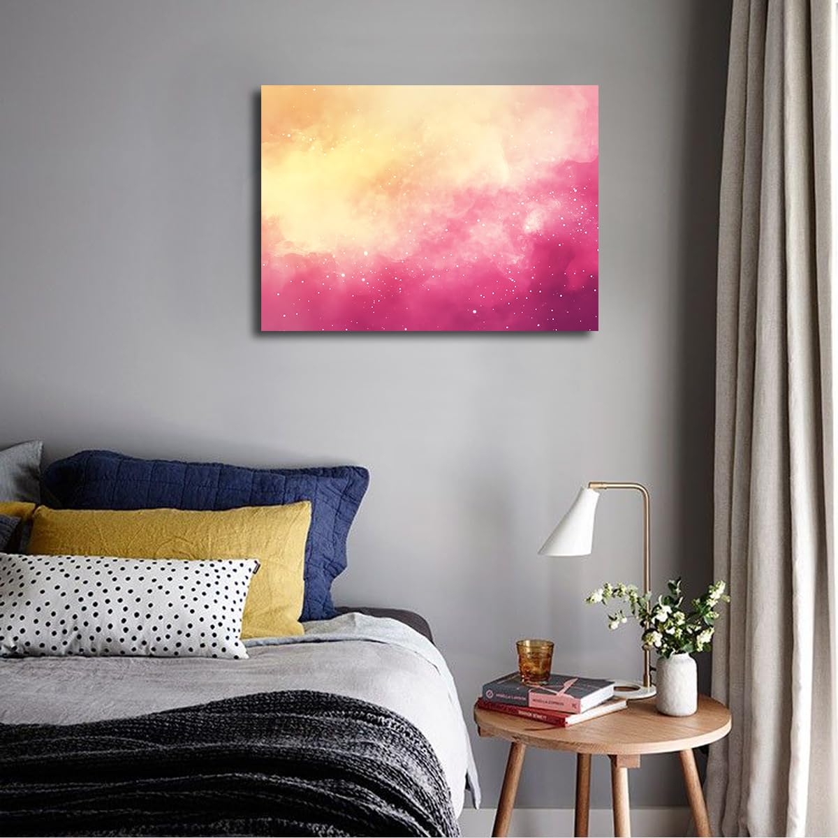 Via Vela Art mural abstrait galaxien en toile Décorations en dégradé rose et jaune chaud Affiches de rêve Ciel étoilé Peinture murale pour la décoration de la chambre 60x80cm