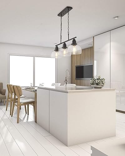 Miniatura 8 de EAPUDUN PDA1125-ORB - Lámpara de 3 luces para isla de cocina, 35.4 pulgadas, lámpara colgante de mesa de piscina, bronce aceitado con vidrio