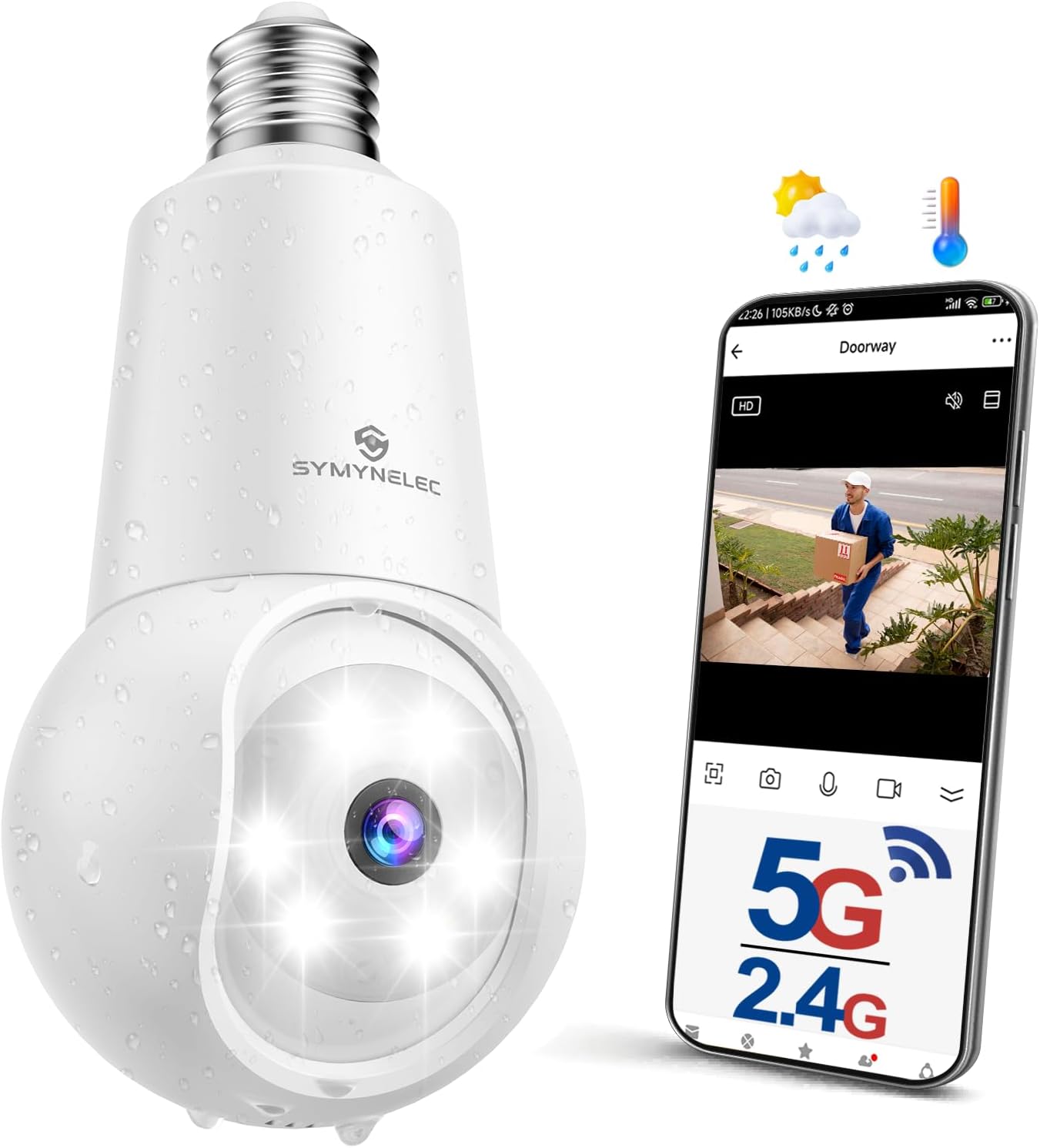 SYMYNELEC Light Bulb Security Camera: 5G WiFi Socket Camera Outdoor - Wireless Lightbulb Camera Waterproof for Home with Night Vision Motion Detection 2K 1 Pack 5GHz/2.4GHz