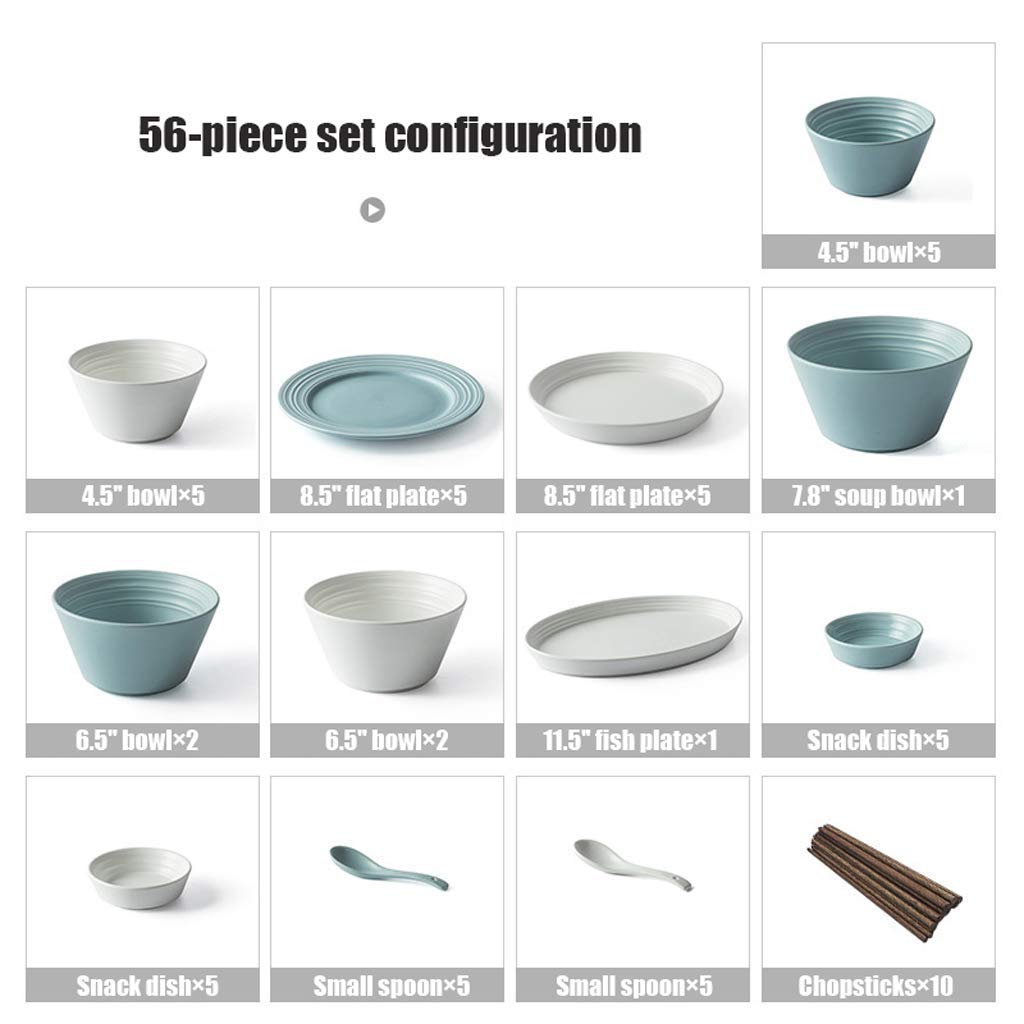 Ceramiczne zestawy obiadowe, 56-częściowy zestaw porcelanowych naczyń obiadowych z serii Style, zestawy talerzy i misek na płatki zbożowe na prezenty ślubne i przyjęcie rodzinne, różowy (niebieski)