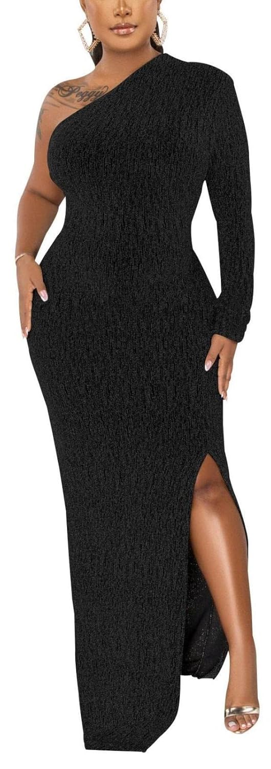 Womens Formal Dresses Elegant Long Sleeve Evening Party Dress Sexy One Shoulder High Split Cocktail Gowns