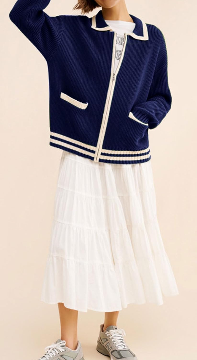 CHARTOU Casual Knit Zip Up Sweater for Women 2025 Fall Outfits Contrast Trim Open Front Cardigan Sweater Outwear Coats - Image 4