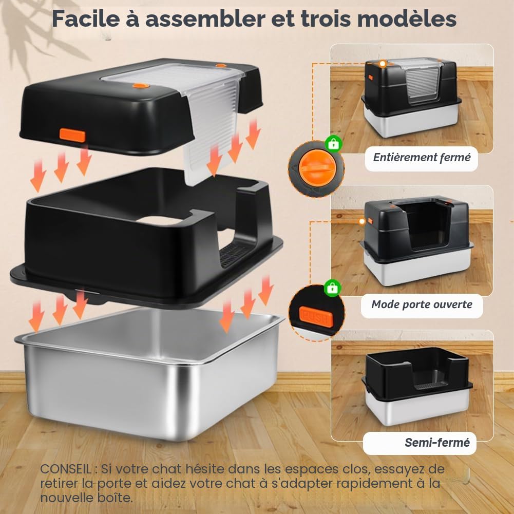 Vivifying Litière pour Chat en Acier Inoxydable avec Couvercle, Taille XL, Facile à Nettoyer et résistante aux odeurs, en Acier Inoxydable, avec pédales, Pelle et Tapis(Noir)