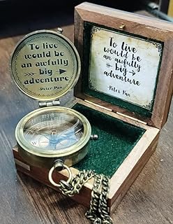 to Live Would Be an Awfully Big Adventure Antique Nautical Vintage Inspirational Quote Engraved Compass with Wooden Box Scripture - Peter Pan, Camping Compass, Graduation Day, Baptism Gift, Lovers.