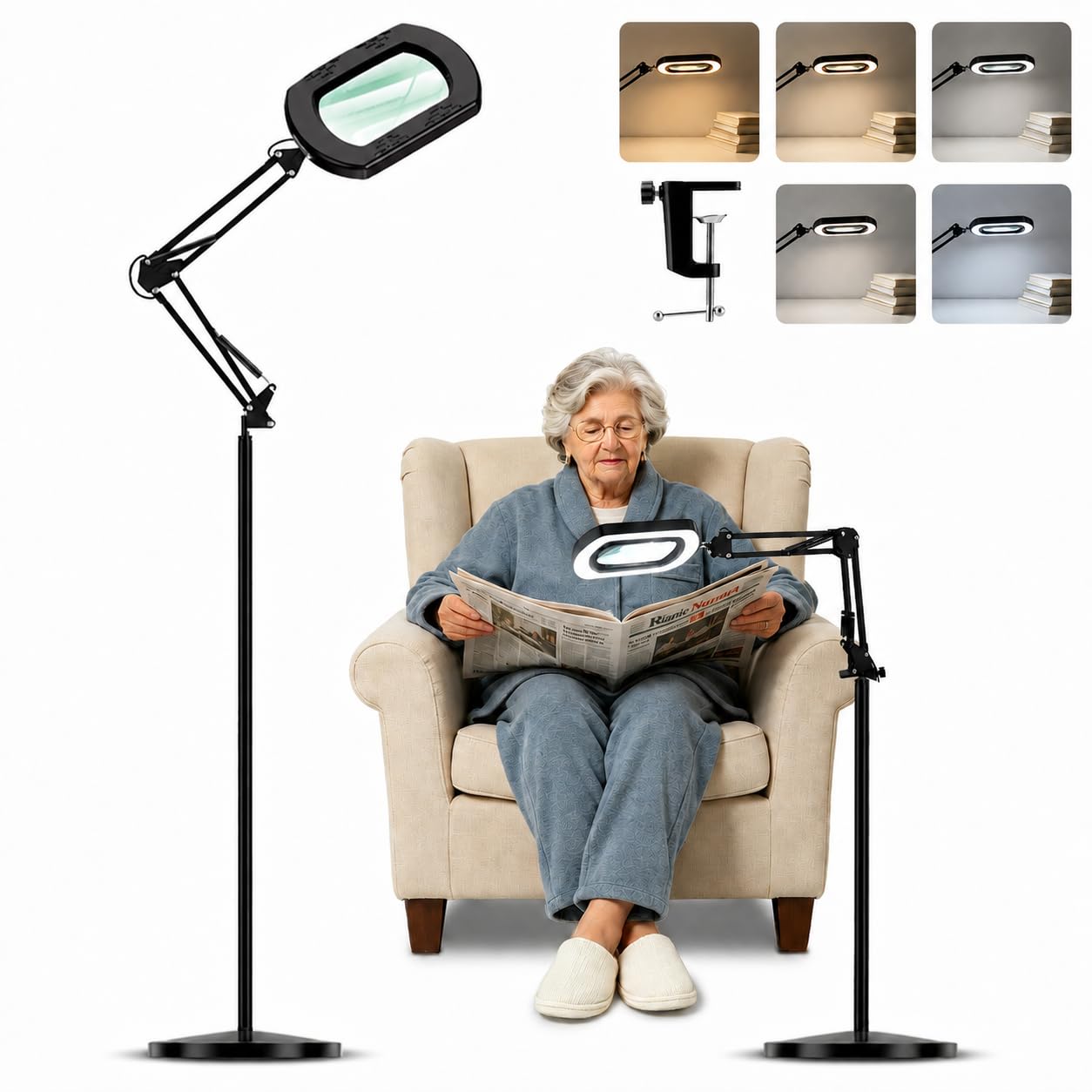 15X Lupa con Luz y Soporte, 3 en 1 Lámpara de Aumento de Piso, Lámpara de Trabajo con Pinza y Modo de 5 Colores, 60 Luces LED, Brazo Giratorio de 360°, Lupa de Escritorio para Lectura, Reparación