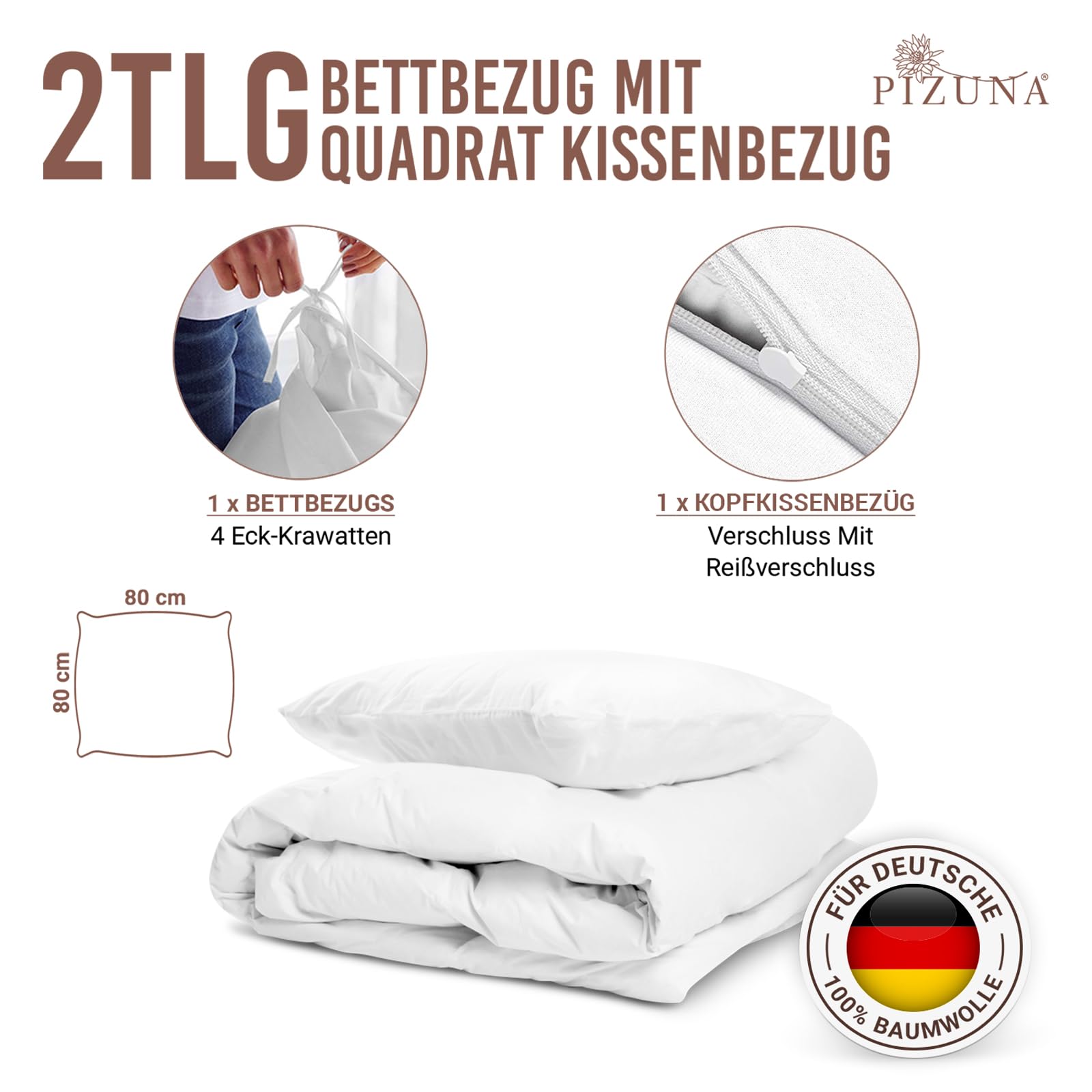Pizuna Perkal Bettbezug 135x200 Baumwolle Weiß | langstaplige Baumwolle in Perkalbindung Bettbezug set mit verdecktem Rei Bverschluss und 1 Kopfkissenbezug 80x80 Mako Satin
