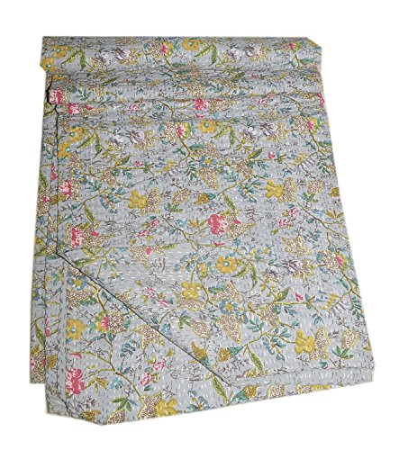 Sophia-Art Indian Twin Gudri Handmade Quilt Vintage Bird of Paradise Print Kantha Spread Throw Cotton Blanket