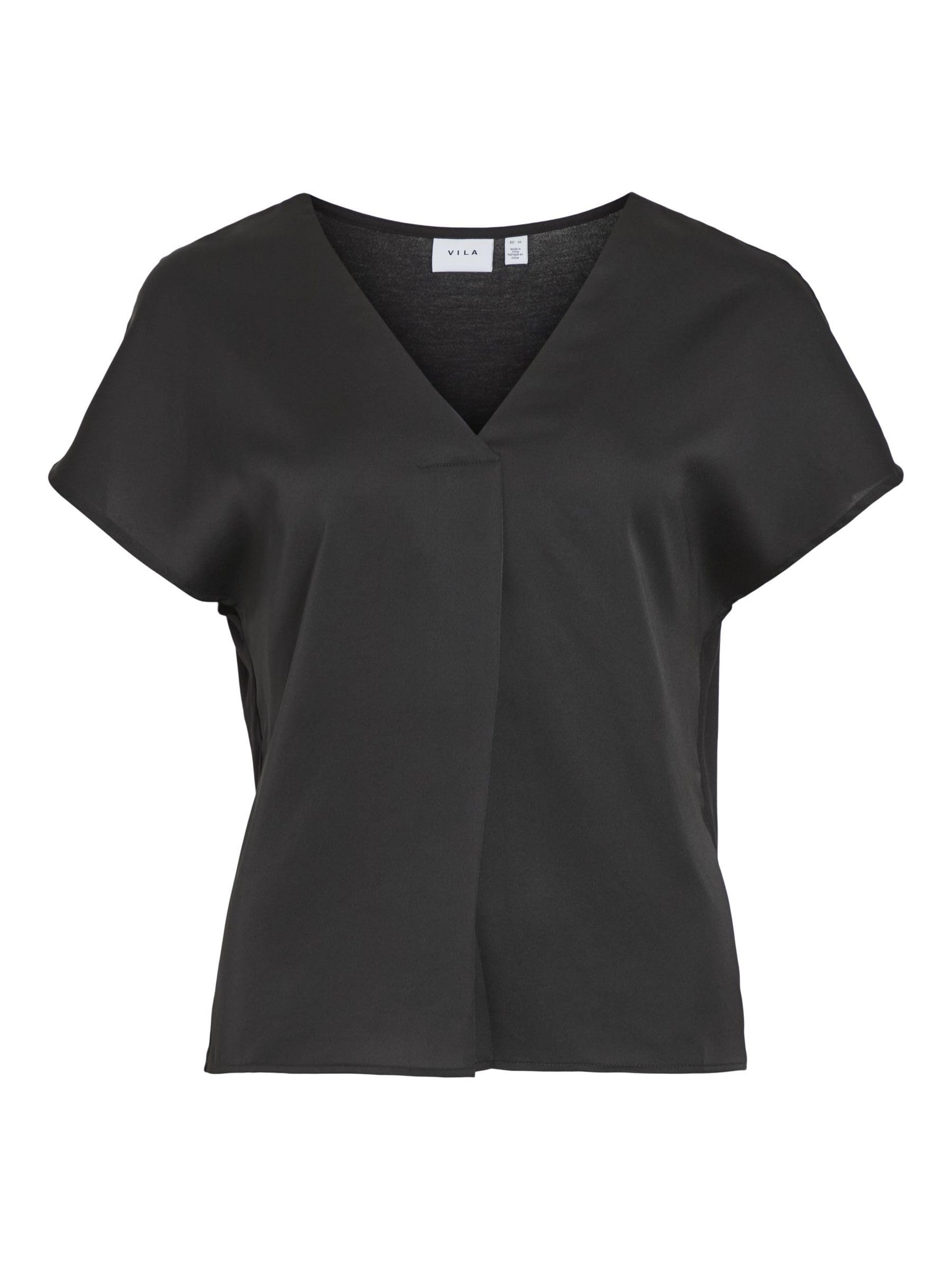 Vila Top-Noos Women's Variety V-Neck S/S Satin Short Sleeve Blouse, Black, 10