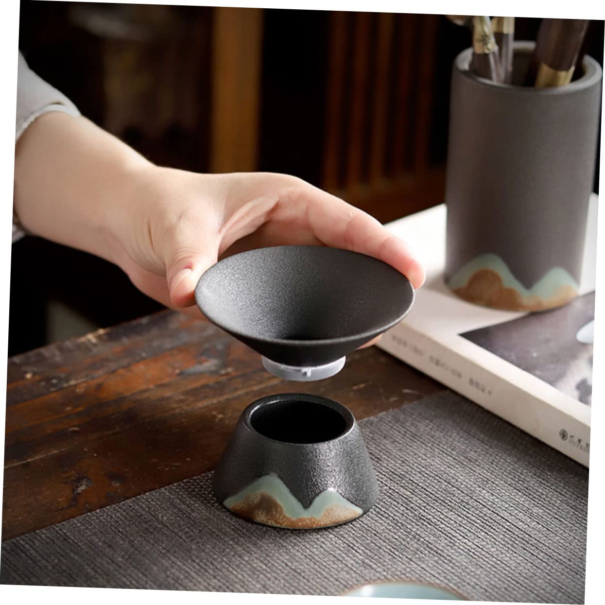 GALPADA 3 Piezas filtro de té colador de té embudo drenar Porcelana descafeinado té de menta verde colador de te tea strainer artículos de té filtro de té de uso doméstico cerámica Black