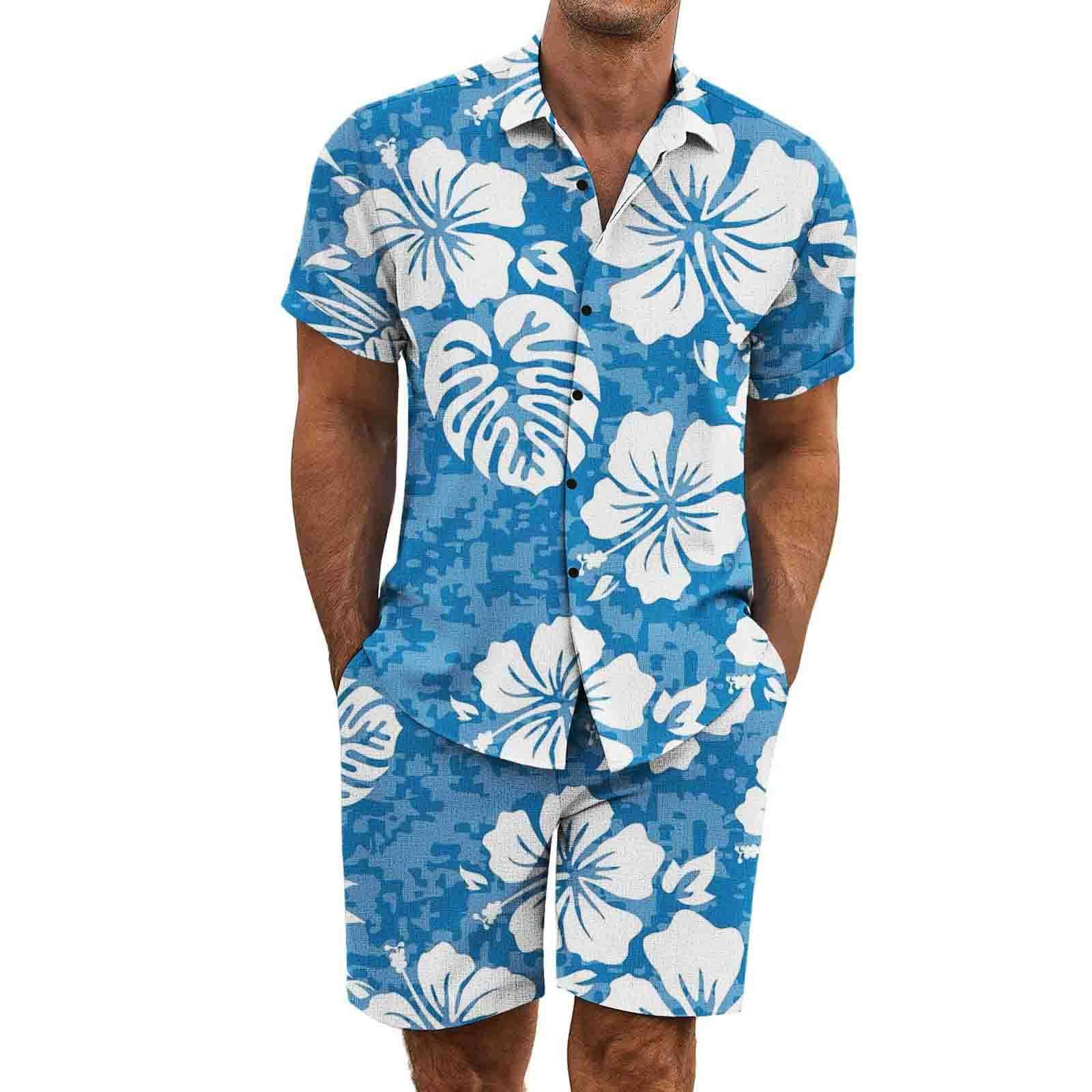 Tuta Completo Uomo da Viaggio Estivo 2 Pezzi - Set Camicia e Short Hawaiano Stampa Abbigliamento Leggero Tuta Sportivo Estiva Elegante Traspirante per Vacanze e Tempo