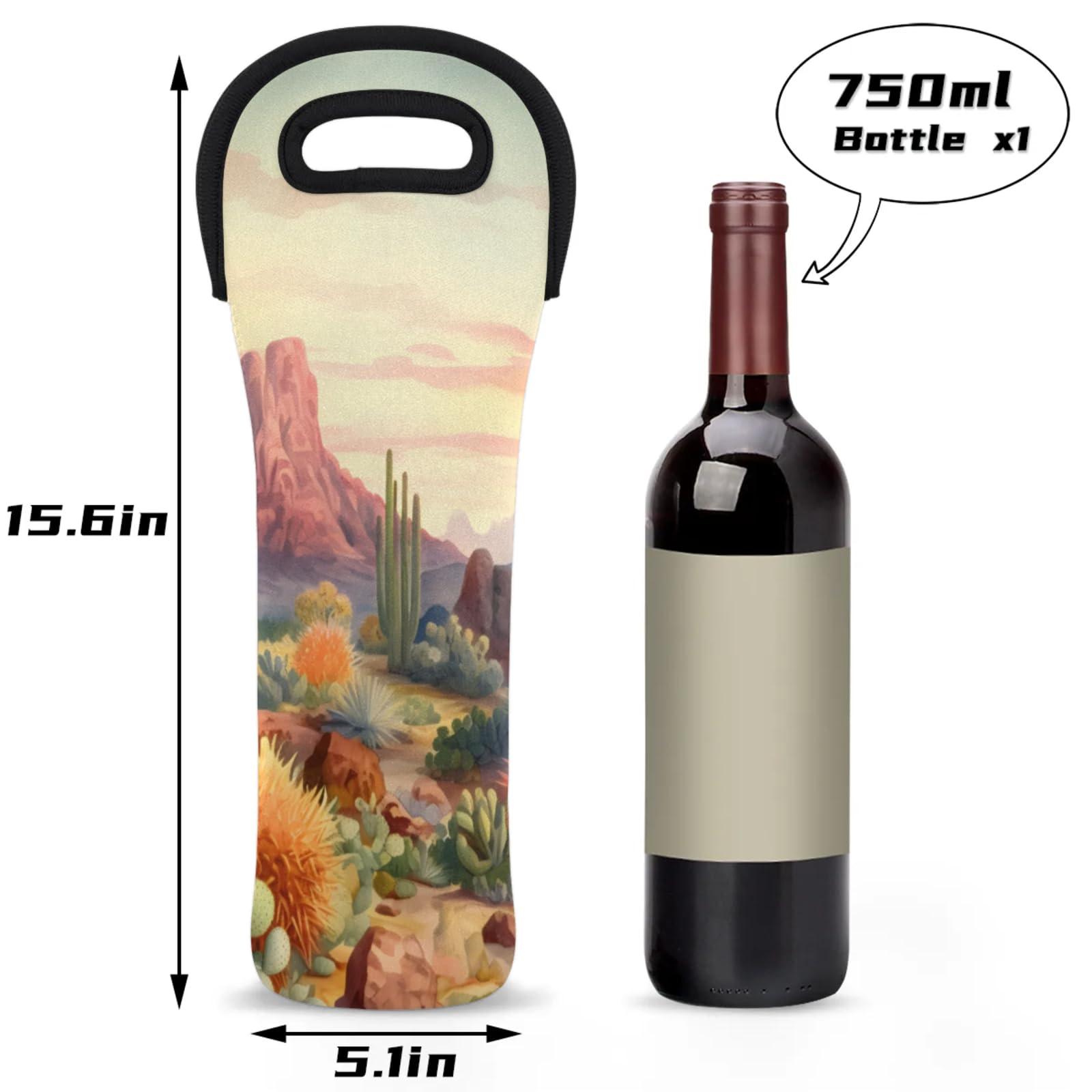 Neoprene Wine Tote Carrier Bag for Wine,Water, Champagne, Beer, Baby Bottles 15.6 x 5.1 Inches, Protective Wine Bag,Desert with Cactus