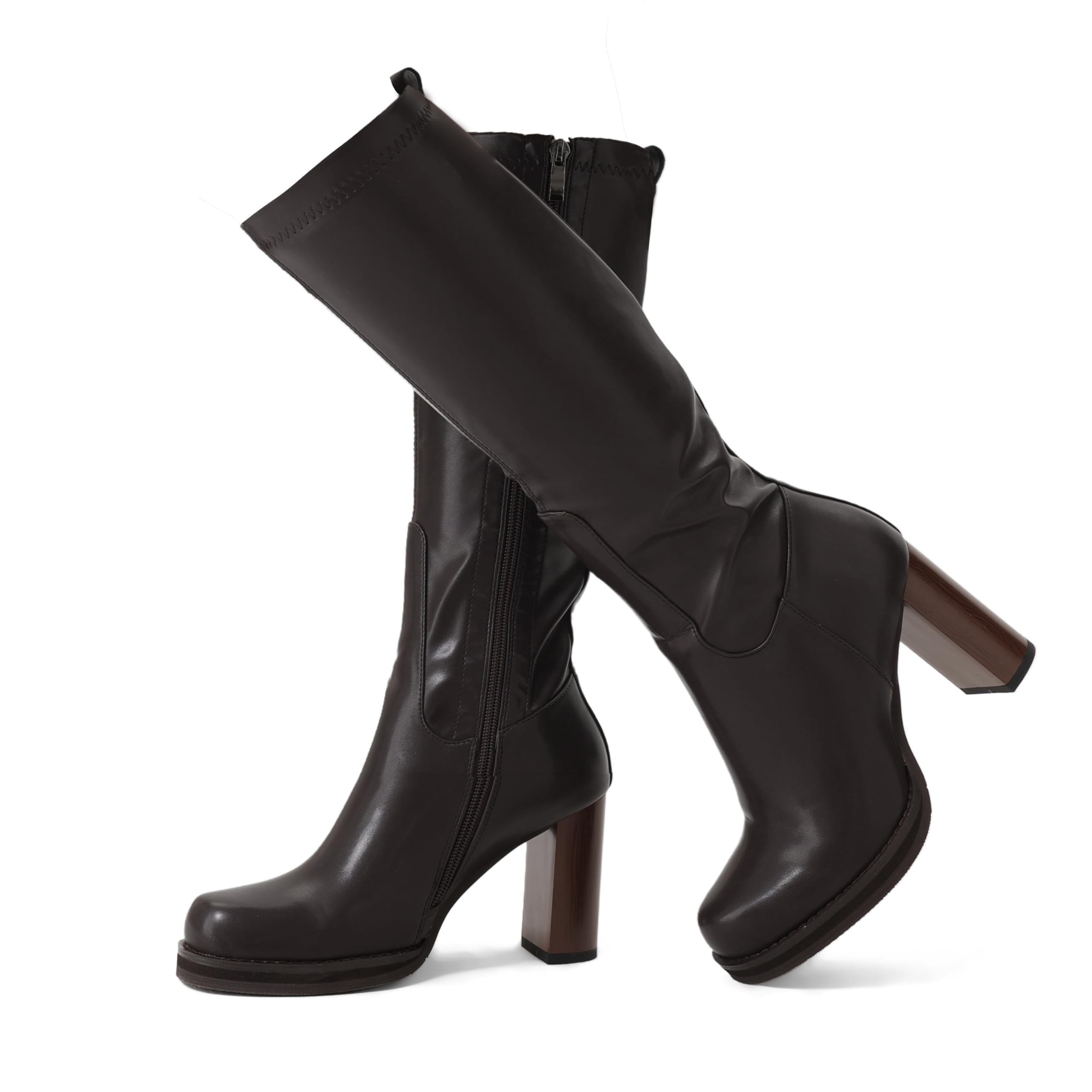 Womens Knee High Boots Round Toe Stretch Platform Chunky High Heel Elastic Sock Boot with Side Zipper Fashion