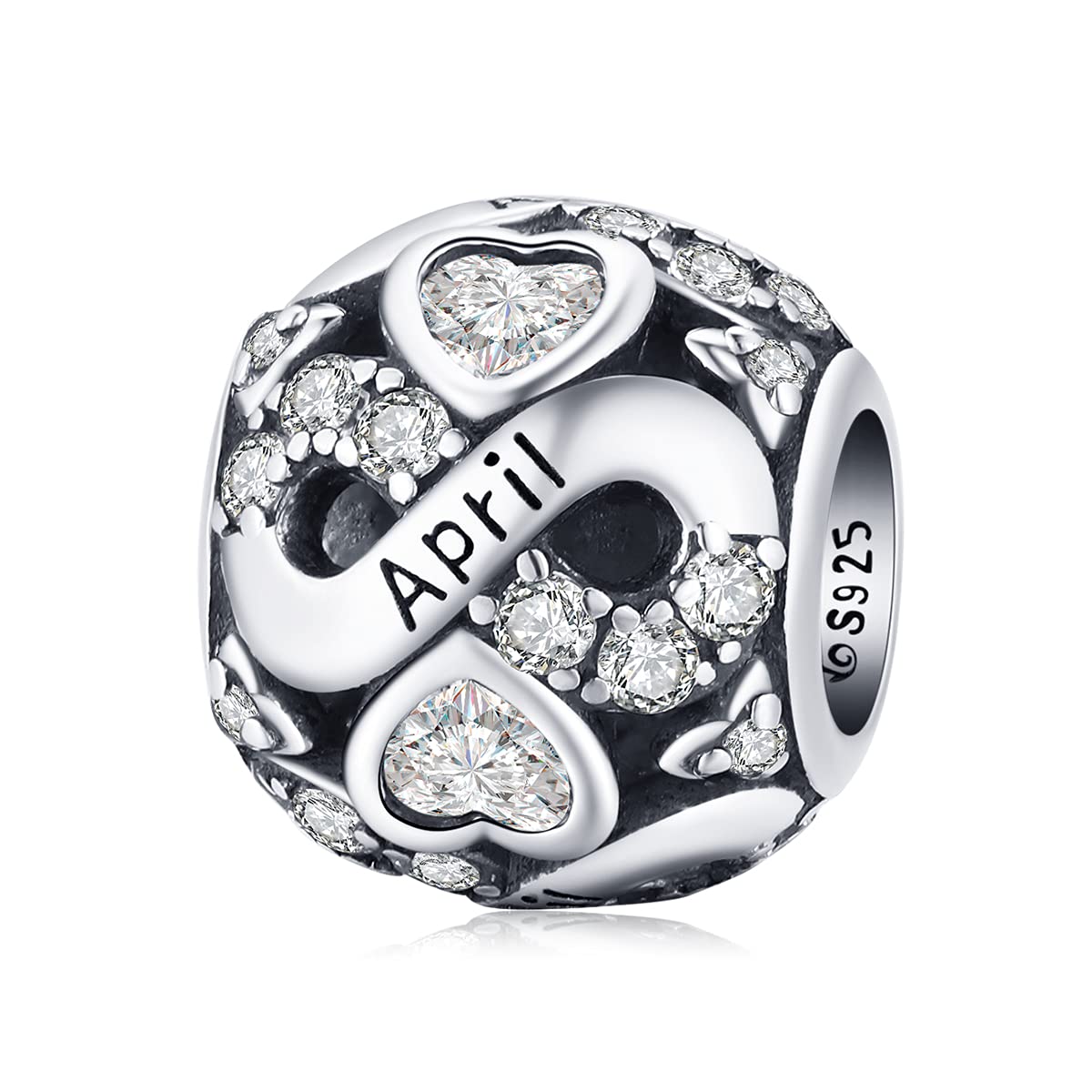 Styczeń - grudzień Charms z kamieniem urodzeniowym 925 srebro Love Heart Ażurowy koralik do bransoletek i naszyjników z cyrkonią DIY Elementy do wyrobu biżuterii (4)