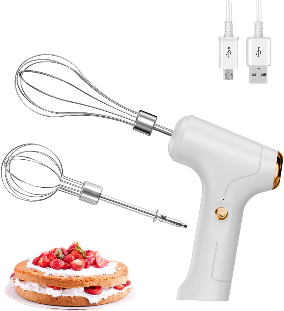 FIOUSY Electric Hand Whisk, USB Rechargeable, Wireless Portable Egg Beater with 2 Detachable Whisks with 3 Speed Modes for Eggs/Milkshake Cream/Butter/Baby Food, Fit for Kitchen/Camping/Gifts (White)