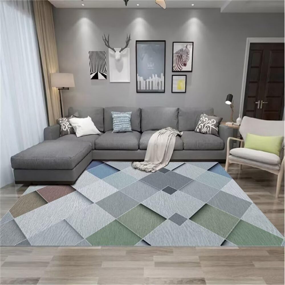 Tapis vert gris 120X160CM design géométrique carré pour descente de lit chambre
