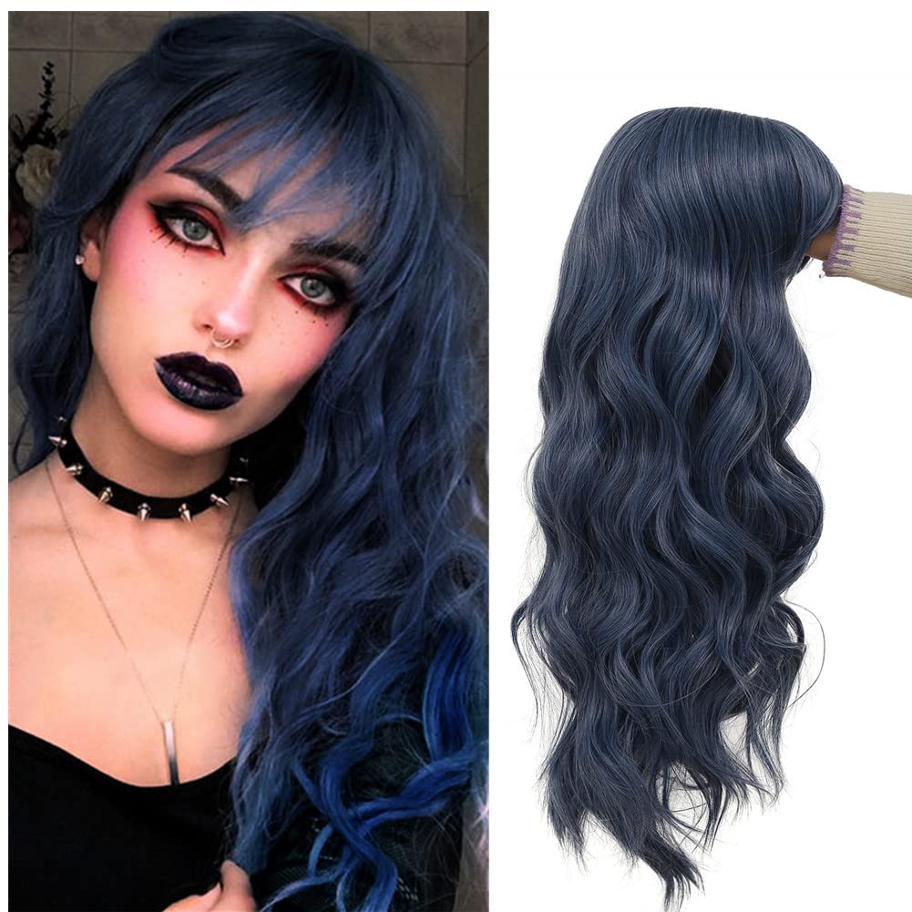 Tseses Blue Curly Wig with Bangs Long Women Wigs Wavy Blue Heat Resistant Synthetic Wigs for Women Daily Party Cosplay Halloween Use（Dark Blue）