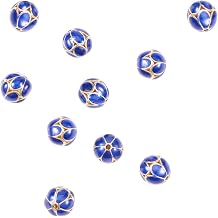 LiQunSweet 25 Pcs Handmade Brass Classical Enamel Flower Blue Golden Plated Loose Metal Cloisonne Beads Round Shape Carved Charm Beads Bulk for Jewellery Making Adults DIY Crafting - 9.5mm