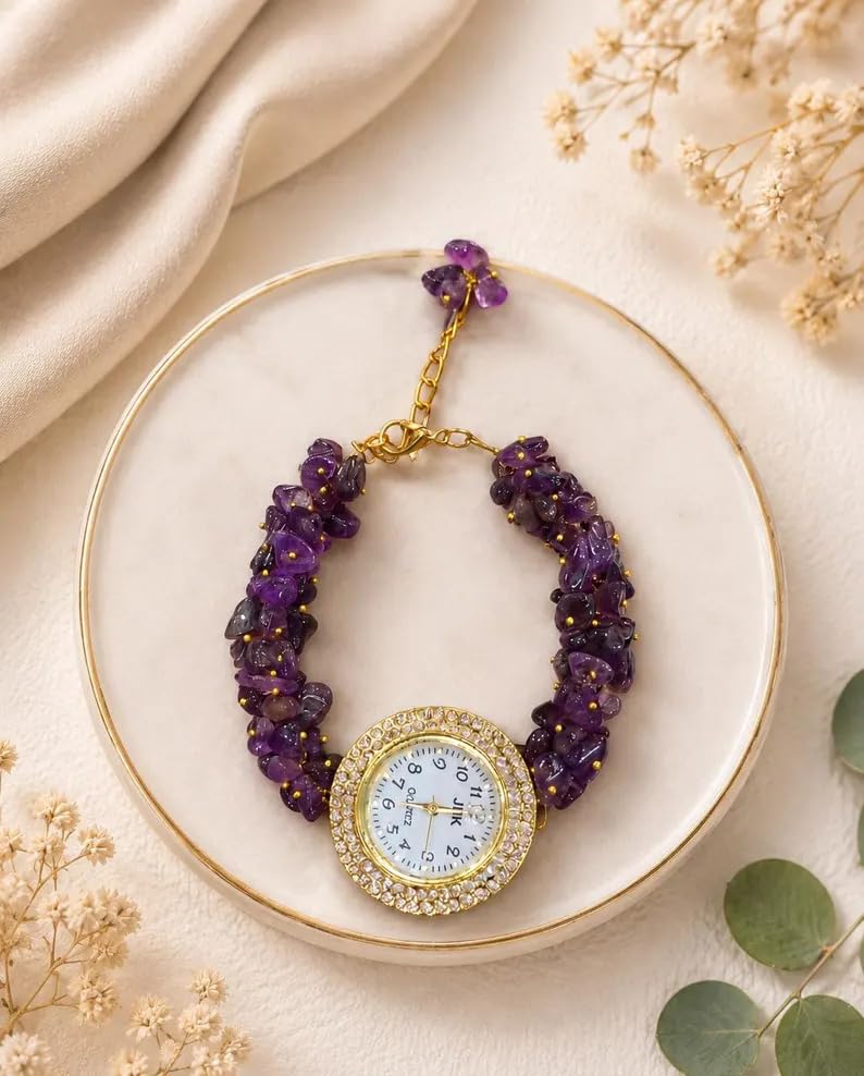 Image of ARKN Crystal Bracelet Watch for Women | Natural Gemstone Beaded Wrist Watch | Gold-Tone Dial with Rhinestone Bezel | Adjustable Fashion Jewellery Gift for Women & Girls