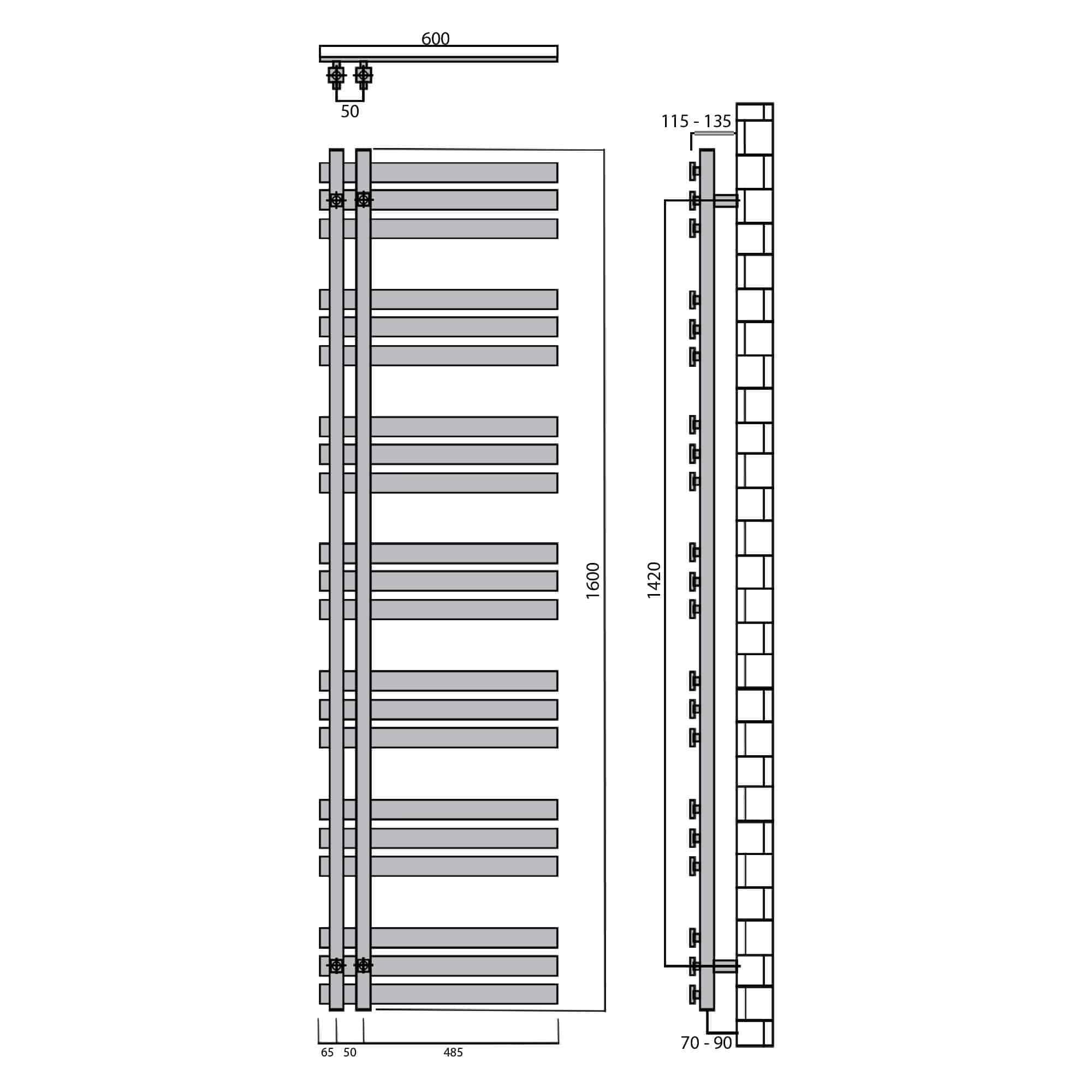 Design Badheizkörper Paneel mit Anschluss links oder rechts | Heizkörper mit versetztem Mittelanschluss (1600 x 600, Weiß) (588 Watt nach EN442)