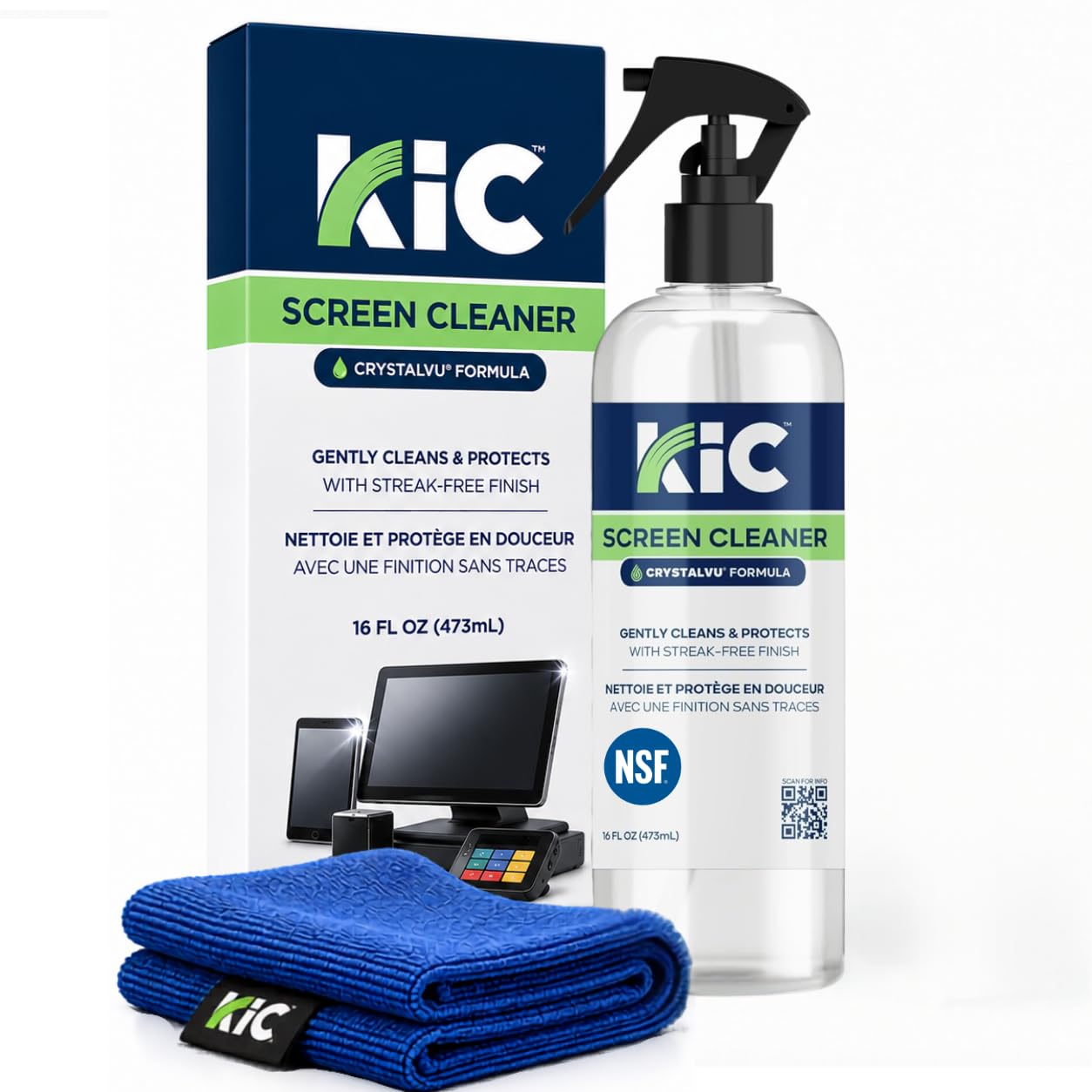 Spray limpiador de pantalla (16 onzas) con CrystalVu™, incluye paño de microfibra de alta calidad, seguro para pantallas táctiles, teléfonos, monitores, pantallas de coche, lentes, otros dispositivos