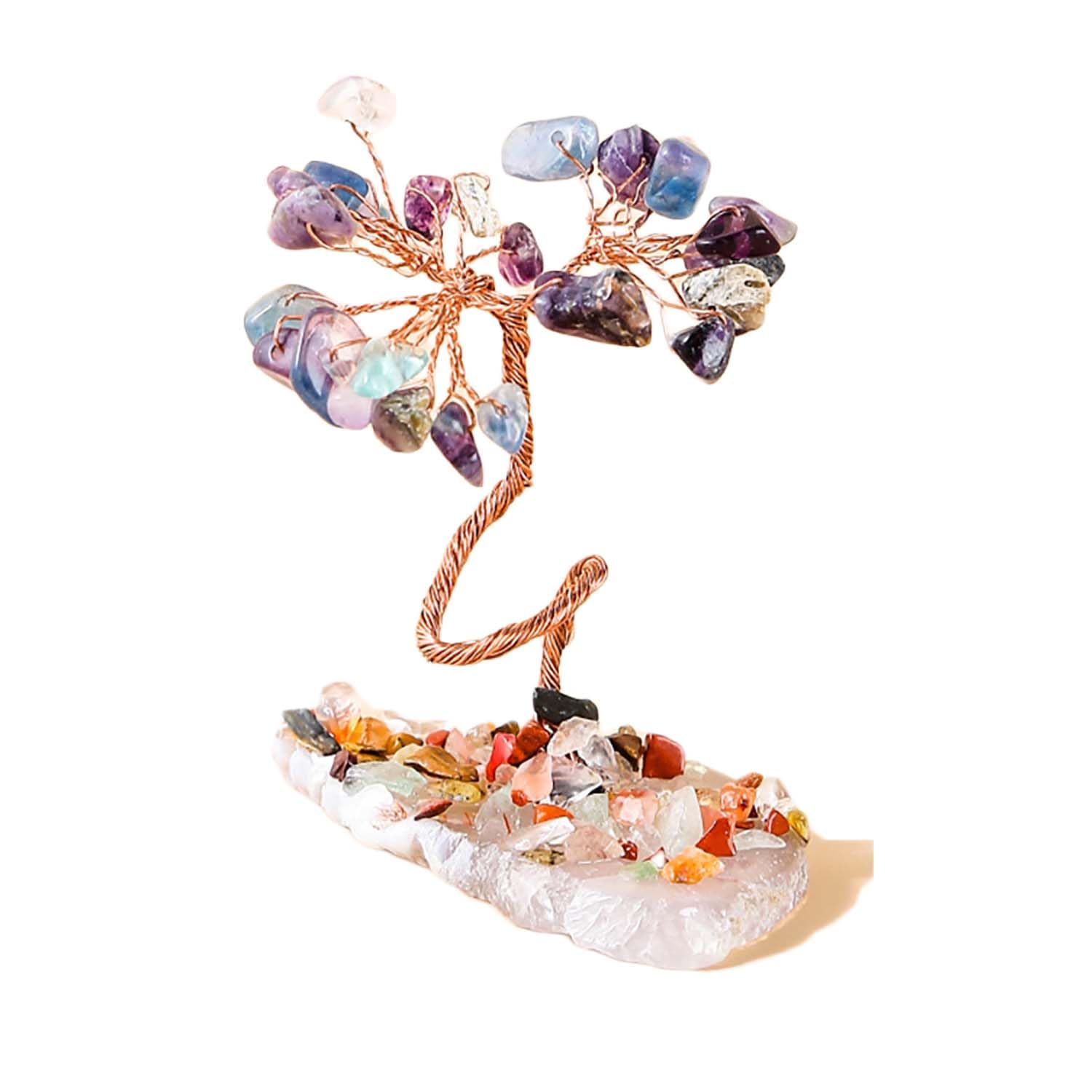 Colorful Gemstone Aventurine Crystal Money Tree, Feng Shui Chakra Tree of Life with Geode Agate Slices Base Home Decor for Wealth and Luck.