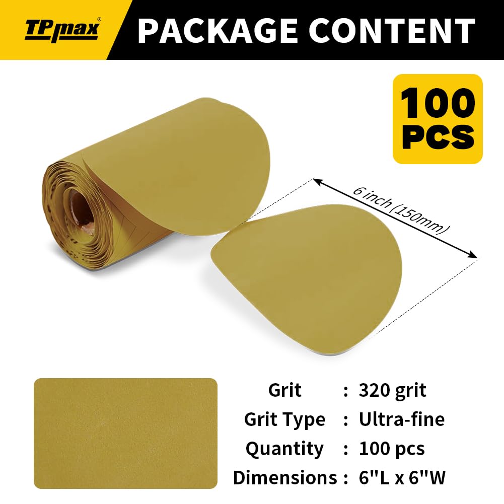 100PCS 6 Inch PSA Sanding Discs 320 Grit Self-Adhesive Sandpaper Roll for DA Sanders, Orbital Sanders Gold Aluminum Oxide Sticky Back Abrasive Discs for Automotive, Woodworking, and Metal Polishing