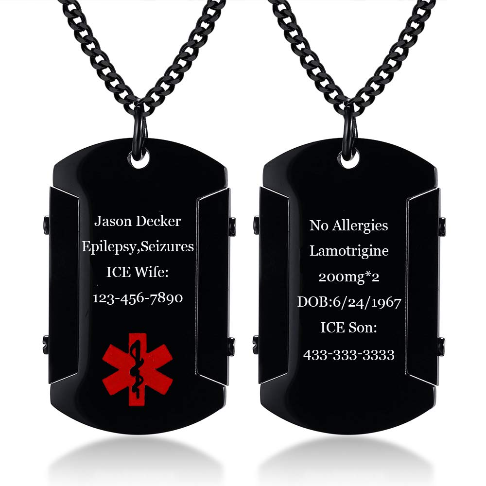LanM Medical ID Necklace - Stainless Steel Engraved Tag for Men & Women Emergency Alert Jewelry