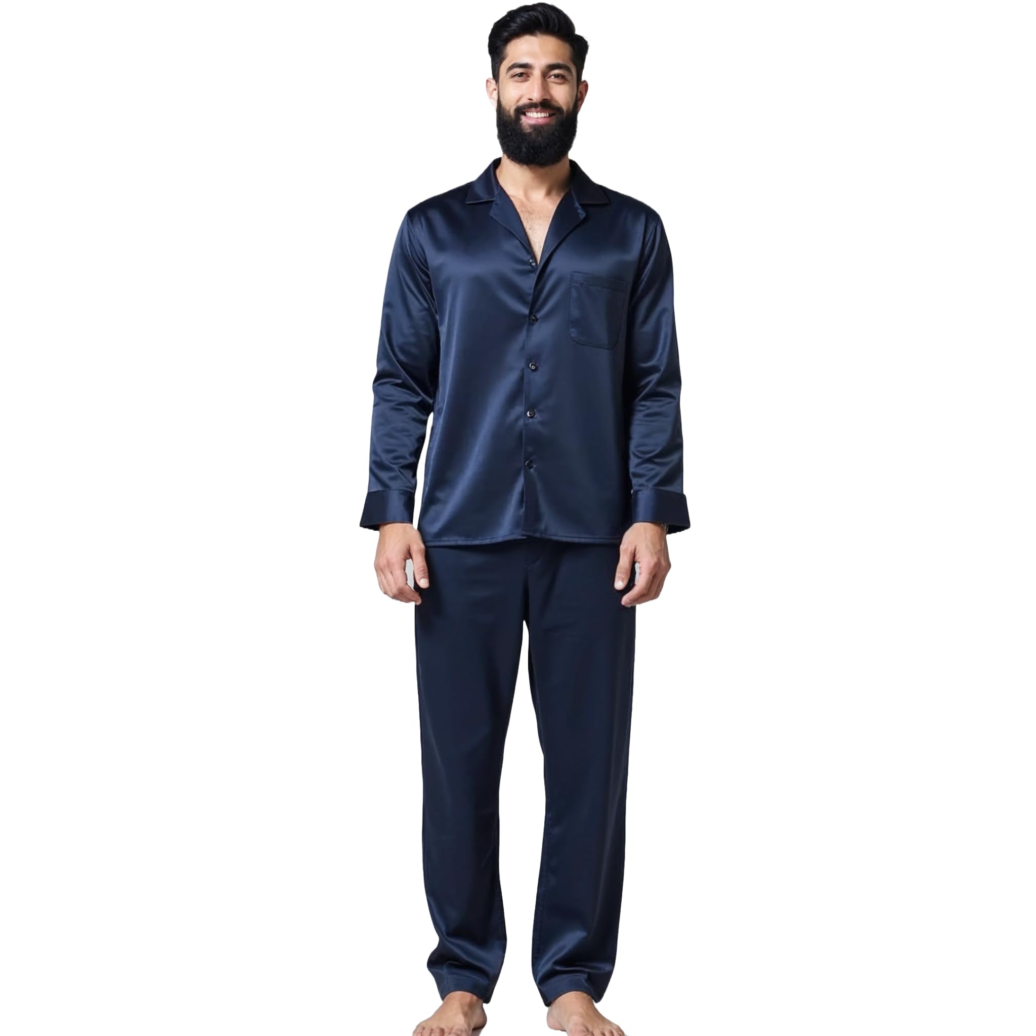 alldaysilk Men’s Navy Silk PJ Set | Premium Satin-Finish Sleepwear | Classic Button-Down & Drawstring Pants | Refined Comfort, Timeless Style-picture-49