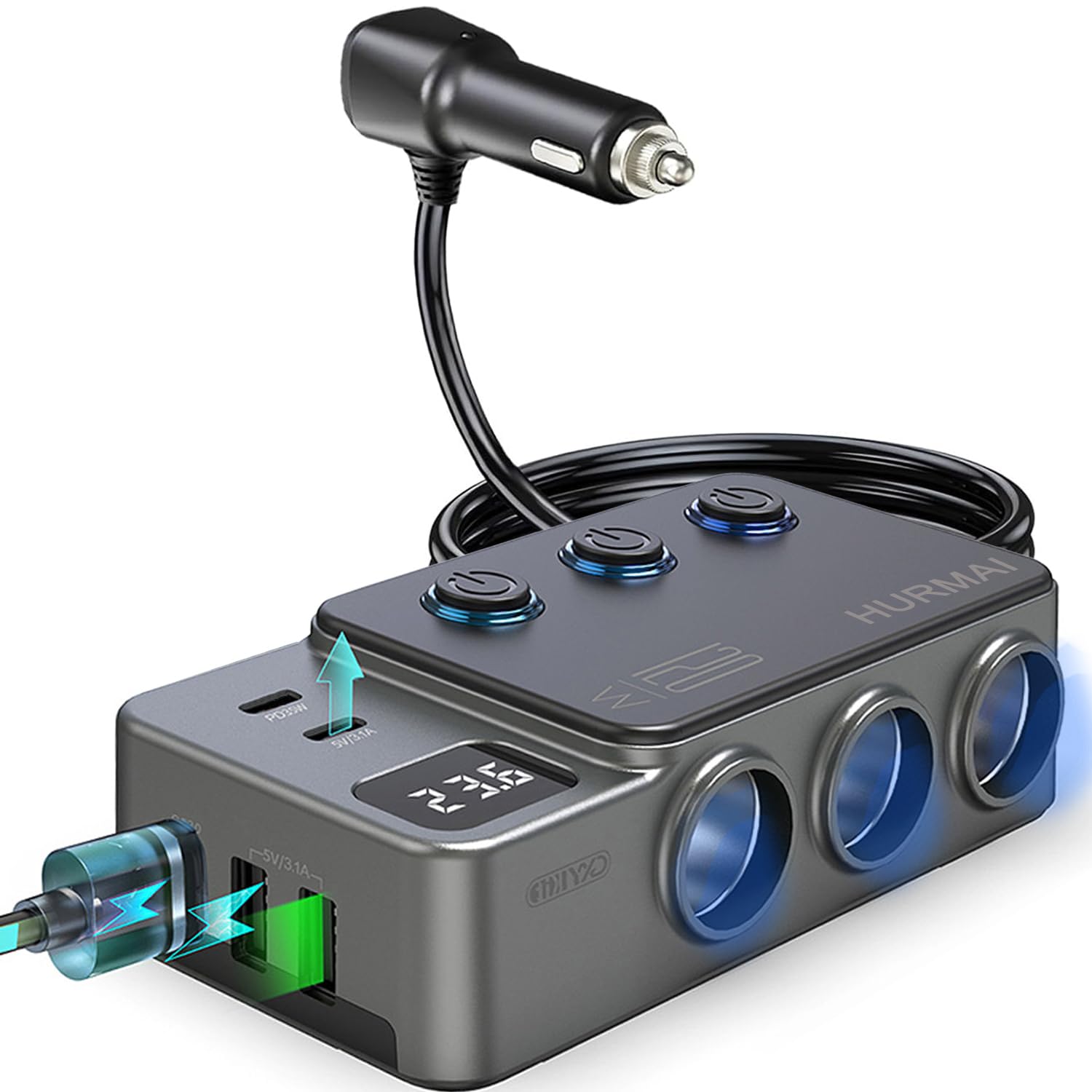 STHIRA® Cigarette Lighter Splitter,8 in 1 Car Cigarette Lighter Adapter PD 35W Car Charger, 3-Socket Heavy Duty Truck Multi Port USB C 12V/24V Independent Switches LED Display Super Fast Charger-image-39