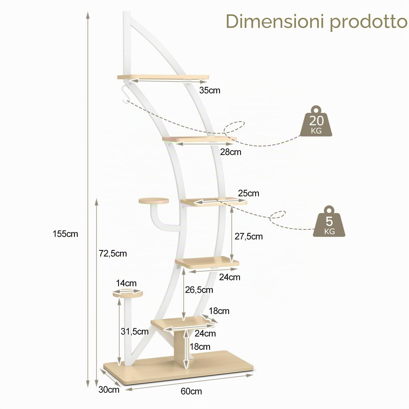 KOMFOTTEU Supporto per piante a 7 livelli, scaffale per fiori in metallo con dispositivo antiribaltamento, supporto per vaso di fiori di mezza luna, interno ed esterno, 60 x 30 x 155 cm (confezione da