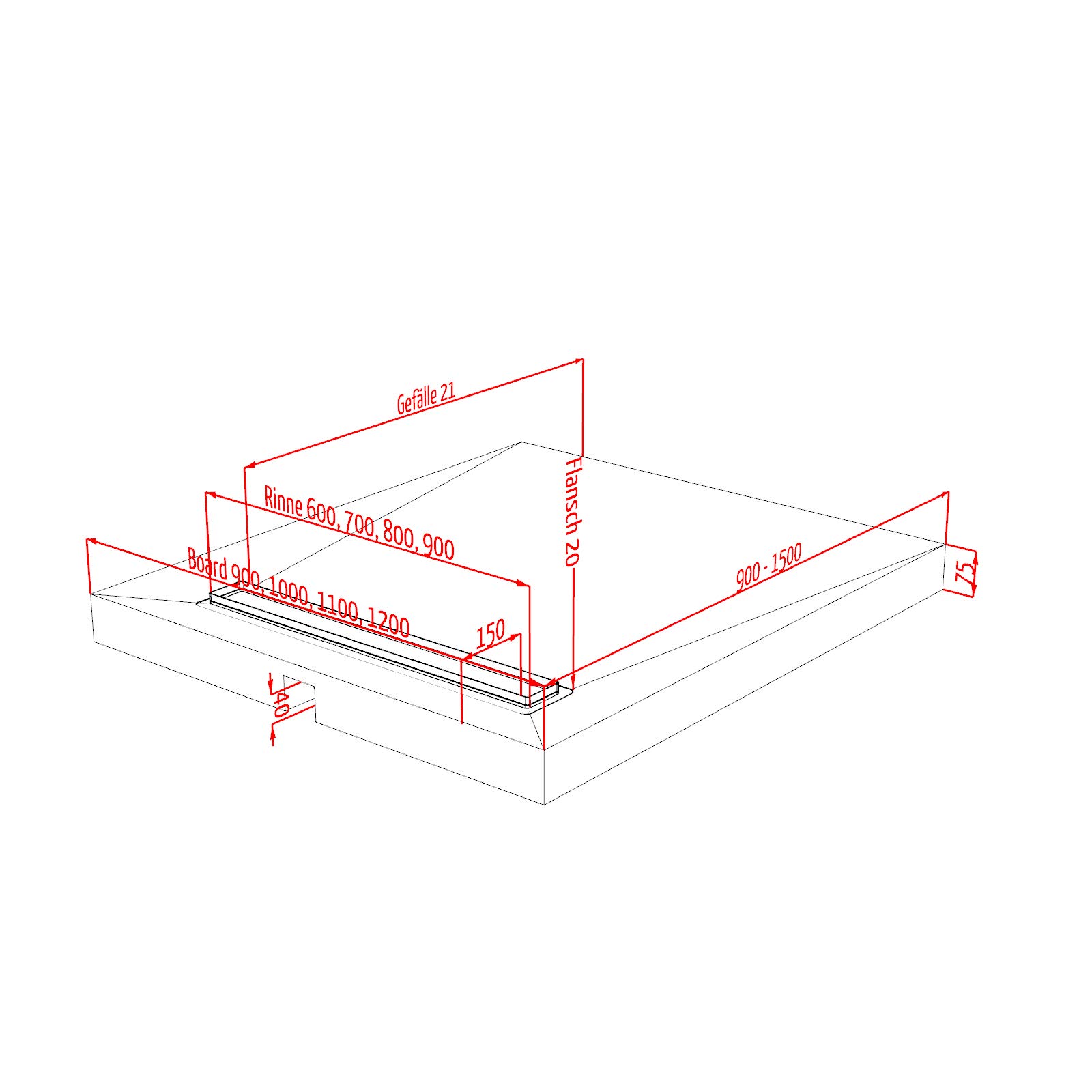 Duschelement befliesbar 100x140 cm 4-Seiten-Gefälle Duschboard Rinne