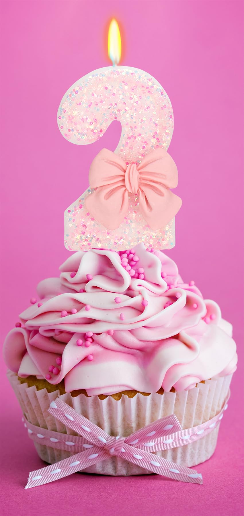 Vela de cumpleaños para tarta, 2 velas, purpurina rosa con lazo, vela de feliz cumpleaños de 2.75 pulgadas, decoración de pastel para fiesta de cumpleaños de 2 años (número 2)