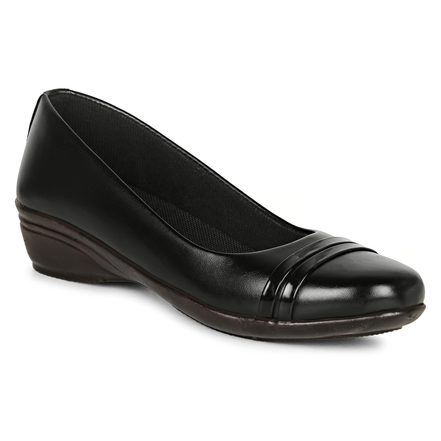 Women's Black Wedge Heel Ballerina Shoes – Formal Office & Casual Slip-On Bellies with Pleated Toe Detail-image-15