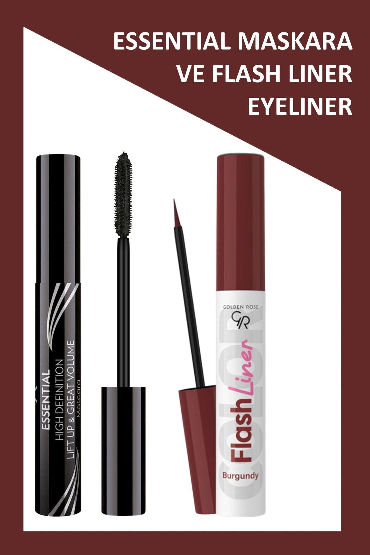 Golden Rose Essential Hacim Veren Maskara Siyah ve Flash Liner Bordo Eyeliner Makyaj Seti