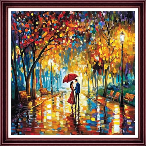 Image of Redxing Stamped Cross Stitch Kits Full Range of Embroidery Starter Kits- Needlepoint Counted Cross Stitch Kits for Beginner Adults 11CT Printed Embroidery Kit-Couple Strolling Rainy Night 18x18 inch