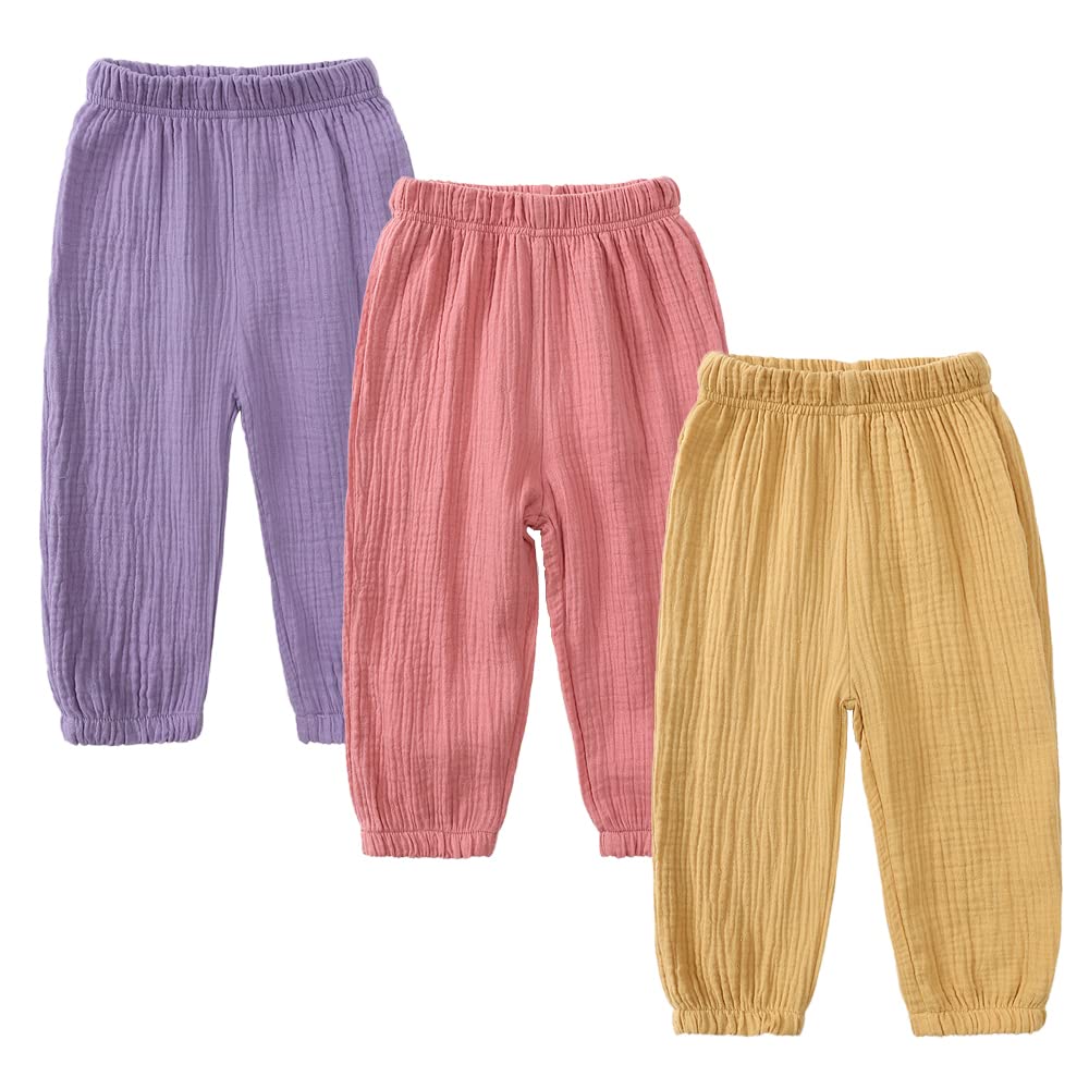 Kids Tales 3 Pack Boys Girls Cotton Linen Pants Child Basic Plain Solid Trousers Big Kids Elastic Waist Long Pants Bloomers