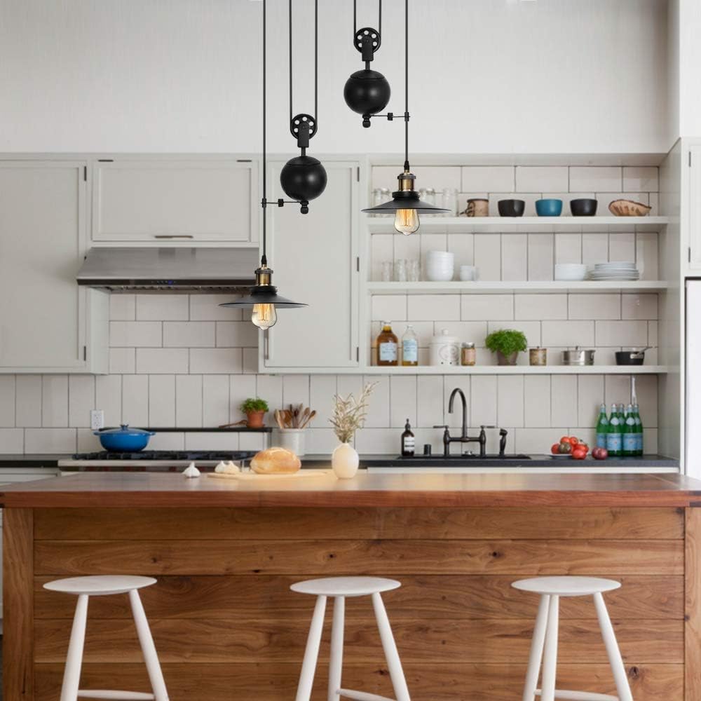 LED Chandeliers , Industrial Rustic Pulley Pendant Light Kitchen Island Illumination Metal Ceiling Light Adjustable Retro Suspension Light Black Restaurant Business District 2 Light Hard Wiring