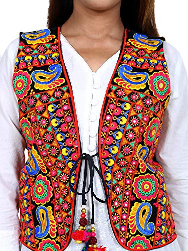 Image of Craft Trade Women's Cotton Embroidered Kutchi Jacket with Tassels Sleeveless Mirror Work