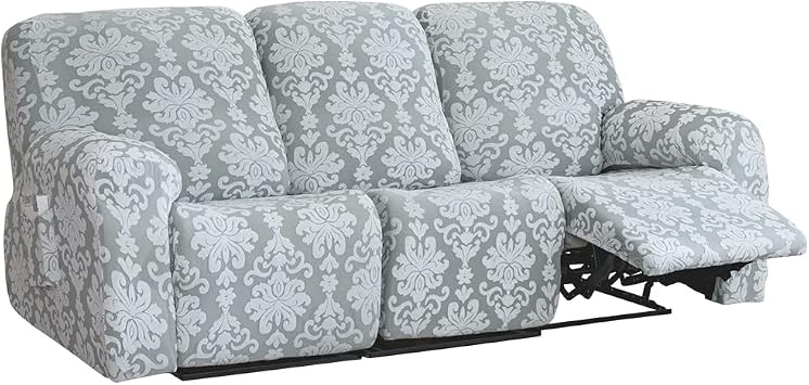 JOKIVTOU Stretch Relining Couch Chair Cover with Pocket, Jacquard Recliner Sofa Covers Reclining Slipcovers Printed Furniture Protector with Elastic Bottom for 1/2/3 Seat, Washable 3Seats,Color02