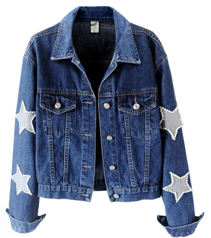 Kedera Women Pearls Beading Denim Jacket Long Sleeve Button Down Distressed Ripped Jean Coat
